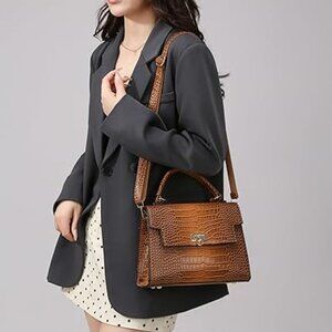 Neiman Marcus Brown Crocodile Pattern Top Handle Bag with Gold Hardware